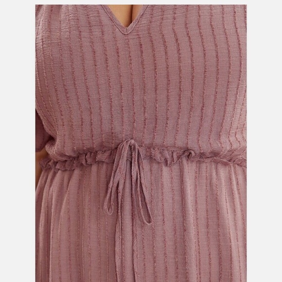 Bloomchic Plus Size Solid Striped Notched Ties Up Pocket Flutter Maxi Dress Pink - Picture 4 of 7